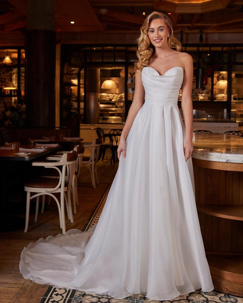 La22243 a line organza wedding dress with sleeves or strapless neckline5